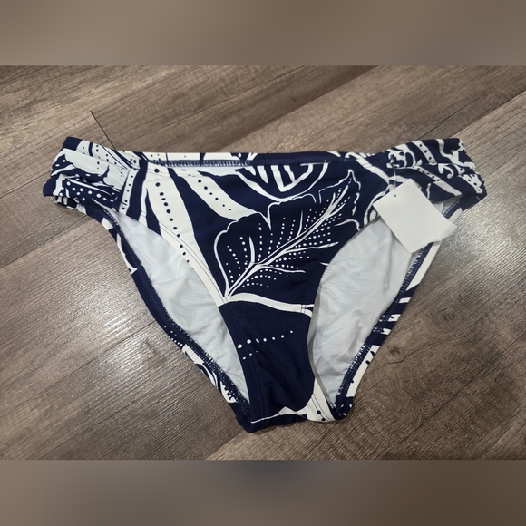 La Blanca Playa Side Shirred Bikini Bottoms Navy Tropical Floral Neiman Marcus - Picture 8 of 10